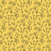 Seamless pattern with contour doodle buttercups. Summer hand drawn illustration on yellow background. Best for wrapping, textile, paper, wallpaper, background vector