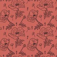 Seamless pattern with contour doodle poppies. Summer hand drawn illustration on red background. Best for wrapping, textile, paper, wallpaper, background vector