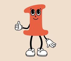 Groovy number 1 cartoon character. Funny retro number one mascot with face emotion, hands and legs. Fun mathematic sticker. Comic element in trendy retro cartoon style. illustration vector