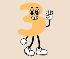 Groovy number 3 cartoon character. Funny retro number three mascot with face emotion, hands and legs. Fun mathematic sticker. Comic element in trendy retro cartoon style. illustration vector