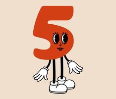 Groovy number 5 cartoon character. Funny retro number five mascot with face emotion, hands and legs. Fun mathematic sticker. Comic element in trendy retro cartoon style. illustration vector