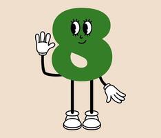 Groovy number 8 cartoon character. Funny retro number eight mascot with face emotion, hands and legs. Fun mathematic sticker. Comic element in trendy retro cartoon style. illustration vector