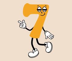 Groovy number 7 cartoon character. Funny retro number seven mascot with face emotion, hands and legs. Fun mathematic sticker. Comic element in trendy retro cartoon style. illustration vector