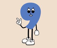 Groovy number 9 cartoon character. Funny retro number nine mascot with face emotion, hands and legs. Fun mathematic sticker. Comic element in trendy retro cartoon style. illustration vector
