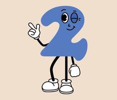 Groovy number 2 cartoon character. Funny retro number two mascot with face emotion, hands and legs. Fun mathematic sticker. Comic element in trendy retro cartoon style. illustration vector