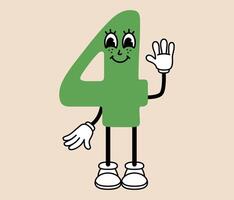 Groovy number 4 cartoon character. Funny retro number four mascot with face emotion, hands and legs. Fun mathematic sticker. Comic element in trendy retro cartoon style. illustration vector