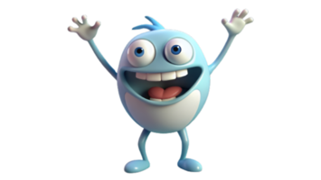 A character with a big, toothy smile, arms raised in excitement, and eyes wide open, showing pure happiness.3D cartoon-style images png