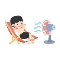 boy is sweating in hot weather while using a fan vector