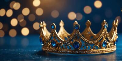 Gold crowns on blue background with bokeh lights. photo