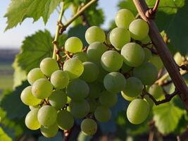 Fresh Green Grapes Hanging on Vine with Clear Sky in Background. photo