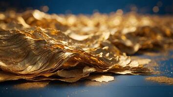 Golden abstract layers on blue backdrop with ample space for text in a creative banner. photo