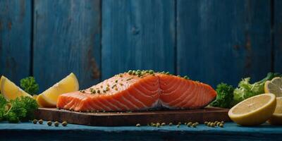 Fresh salmon and various nutritious foods arranged on a rustic blue wooden background. photo