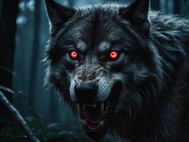 Glowing eyes Werewolf lycanthrope Dark misty forest full moon Evil glowing eyes and sharp fangs. photo