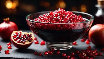 Glass bowl of pomegranate molasses with ripe fruit and split pomegranate on table. photo