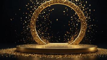 Gleaming gold circle podium with particles A luxurious golden podium in the form of a glowing circle, immersed in a sea of sparkling golden particles on a deep black background. photo