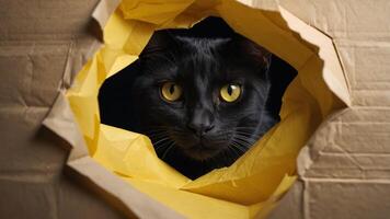 Funny black cat looks through ripped hole in yellow paper Peekaboo Naughty pets and mischievous domestic animals Copy space, bright background. photo