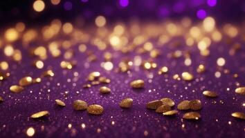 Gorgeous purple violet and gold glitter bokeh background with a captivating shining texture. photo