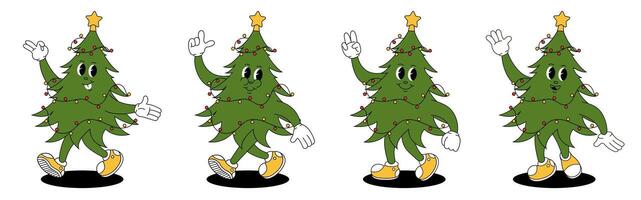 Groovy retro Christmas tree. Christmas characters in groovy style. vector