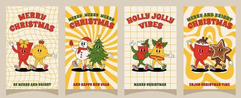 Groovy retro Merry Christmas and Happy New year posters. Set of christmas characters for posters, party invitations, greeting cards, stories template, postcard, prints in groovy style. vector