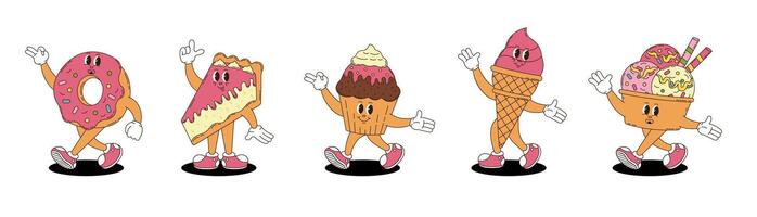Retro groovy desserts characters set. Donut, cupcake, cheesecake, ice cream. vector