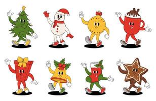 Groovy retro Merry Christmas and Happy New year. Christmas characters in groovy style. Christmas tree, toy, bell, boot, gift, mug of hot chocolate, snowman, gingerbread. vector