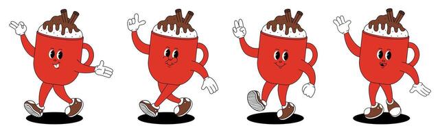 Groovy retro Christmas mug of hot chocolate. Christmas characters in groovy style. vector