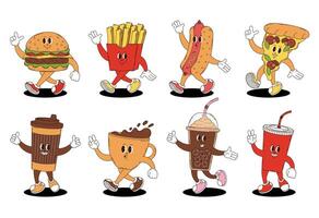 Retro groovy fast food and coffee characters set. Hamburger, hotdog, pizza, fries, soda, coffee. vector