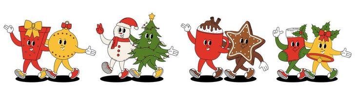 Groovy retro Merry Christmas and Happy New year. Christmas characters in groovy style. Christmas tree, toy, bell, boot, gift, mug of hot chocolate, snowman, gingerbread. vector