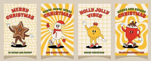 Groovy retro Merry Christmas and Happy New year posters. Set of christmas characters for posters, party invitations, greeting cards, stories template, postcard, prints in groovy style. vector