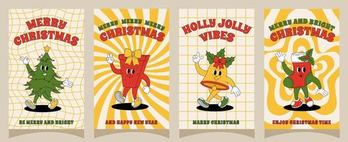 Groovy retro Merry Christmas and Happy New year posters. Set of christmas characters for posters, party invitations, greeting cards, stories template, postcard, prints in groovy style. vector