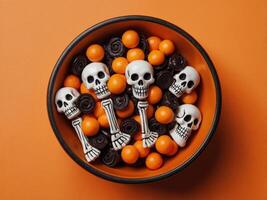 Halloween candy bowl and skeletons hands on orange background Flat lay, top view, copy space. photo