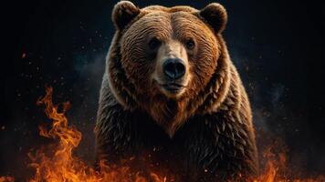 Grizzly Bear Fantasy Horizontal Poster with Ashes, Embers, and Flames on a Black Background Behold a Fiery Fantasy Wild Animal Collection, a Poignant Symbol of Climate Change, Global Warming. photo