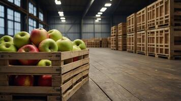 Fresh organic ripe apples in wooden crates at warehouse with blurred background and space for text. photo