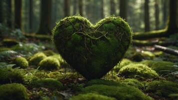 Heart with moss on the ground of a forest Design for Earth day and concept for eco-friendly. photo