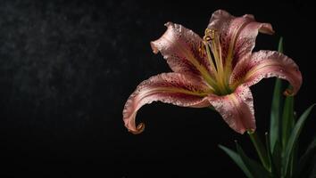 Funeral lily on dark black background with ample space for strategic text placement. photo