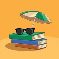 summer books with sunglasses and umbrella on beach sand vector