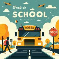 Back to school poster design with school bus and student in retro colours vector