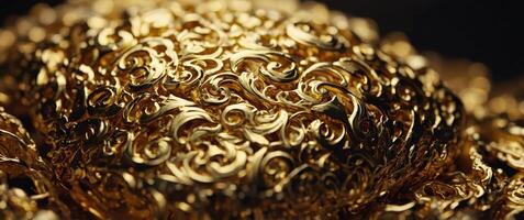 Macro shot of a glistening golden item with intricate surface texture Precious metal concept. photo