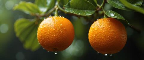 Macro close up of juicy orange fruit on tree with dew drops, ideal as banner with space for text. photo