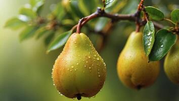 Macro close up of fresh pear with dew on tree branch, ideal banner with space for text. photo
