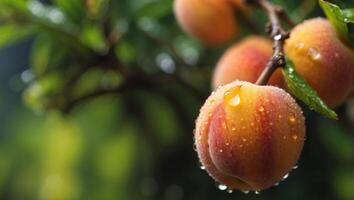 Macro close up of fresh peach with dew drops hanging on tree, wide banner with copy space. photo