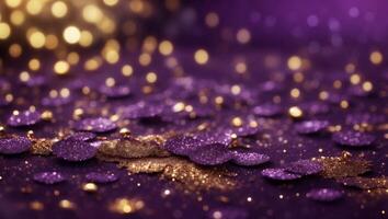 Gorgeous purple violet and gold glitter bokeh background with a captivating shining texture. photo