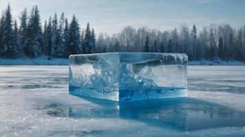 Midwinter scene with a translucent blue podium on a frozen pond, enhancing the allure of ice skating accessories or winter collectibles. photo