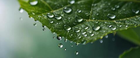 Macro image of a green leaf with water droplets on it creating a natural eco friendly background with ample copy space image. photo