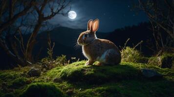 In a captivating nighttime scene, a rabbit sits peacefully on a mossy knoll under the glow of a full moon, surrounded by twinkling lights. photo