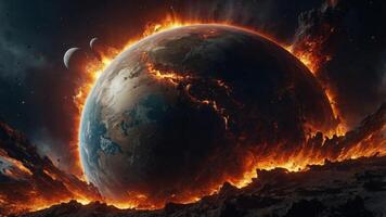 Immerse yourself in the haunting beauty and devastation of a planet explosion, as fiery plumes of energy erupt from its surface,. photo