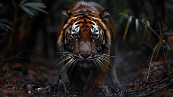 a tiger walking through the woods with its eyes open photo