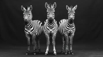 three zebras standing in a row in front of a black background photo