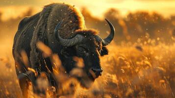 a large bull with horns walking through a field photo