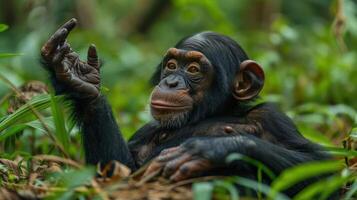 a monkey that is sitting in the grass and waving photo